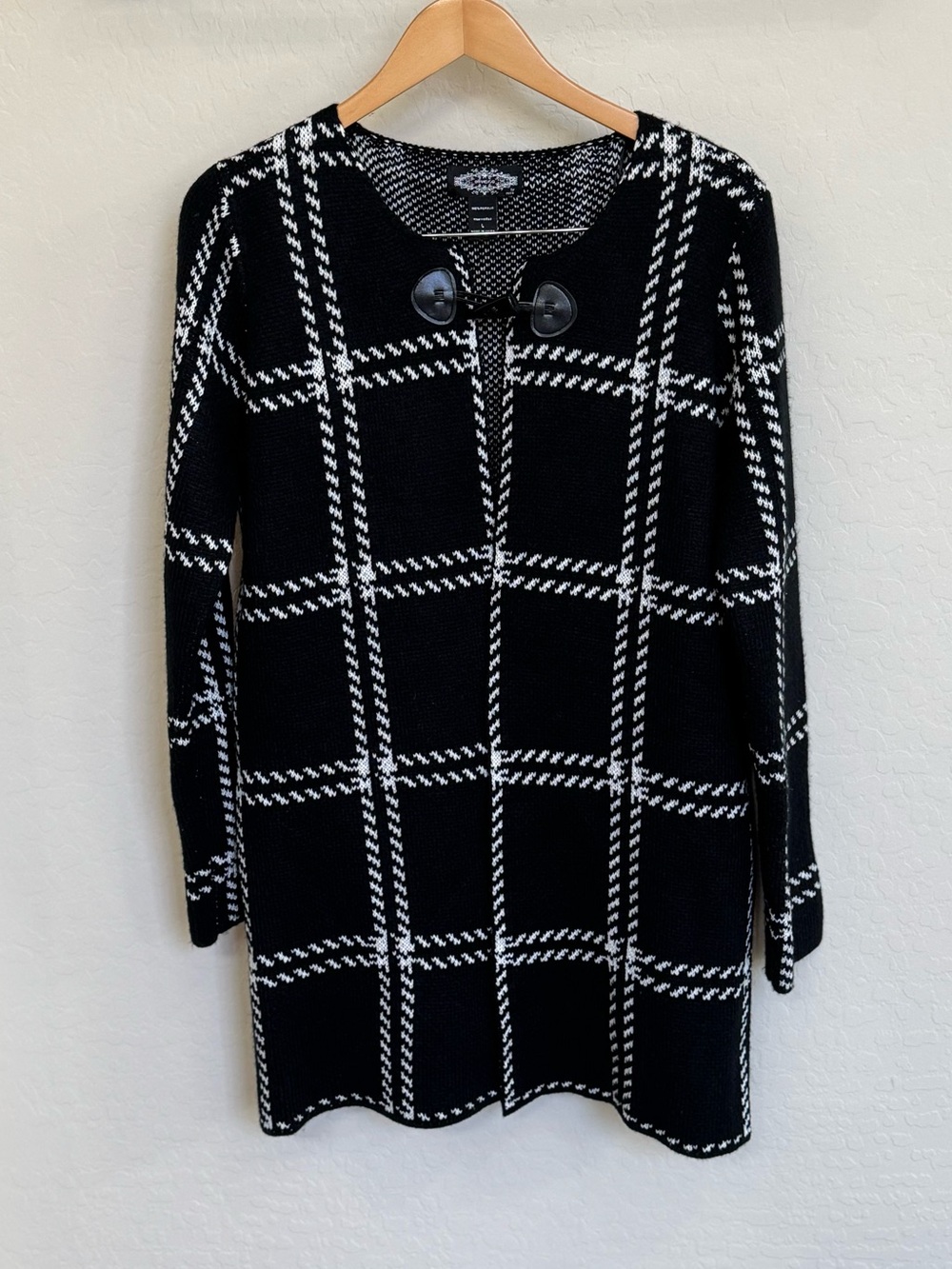 Oliver.o by Escio Chic Black & White Knit Plaid Windowpane Coatigan - Large EUC